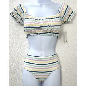 COCOFREE Womens XL Pastel Stripe Puff Sleeve Bandeau High Waist BIKINI Swimsuit